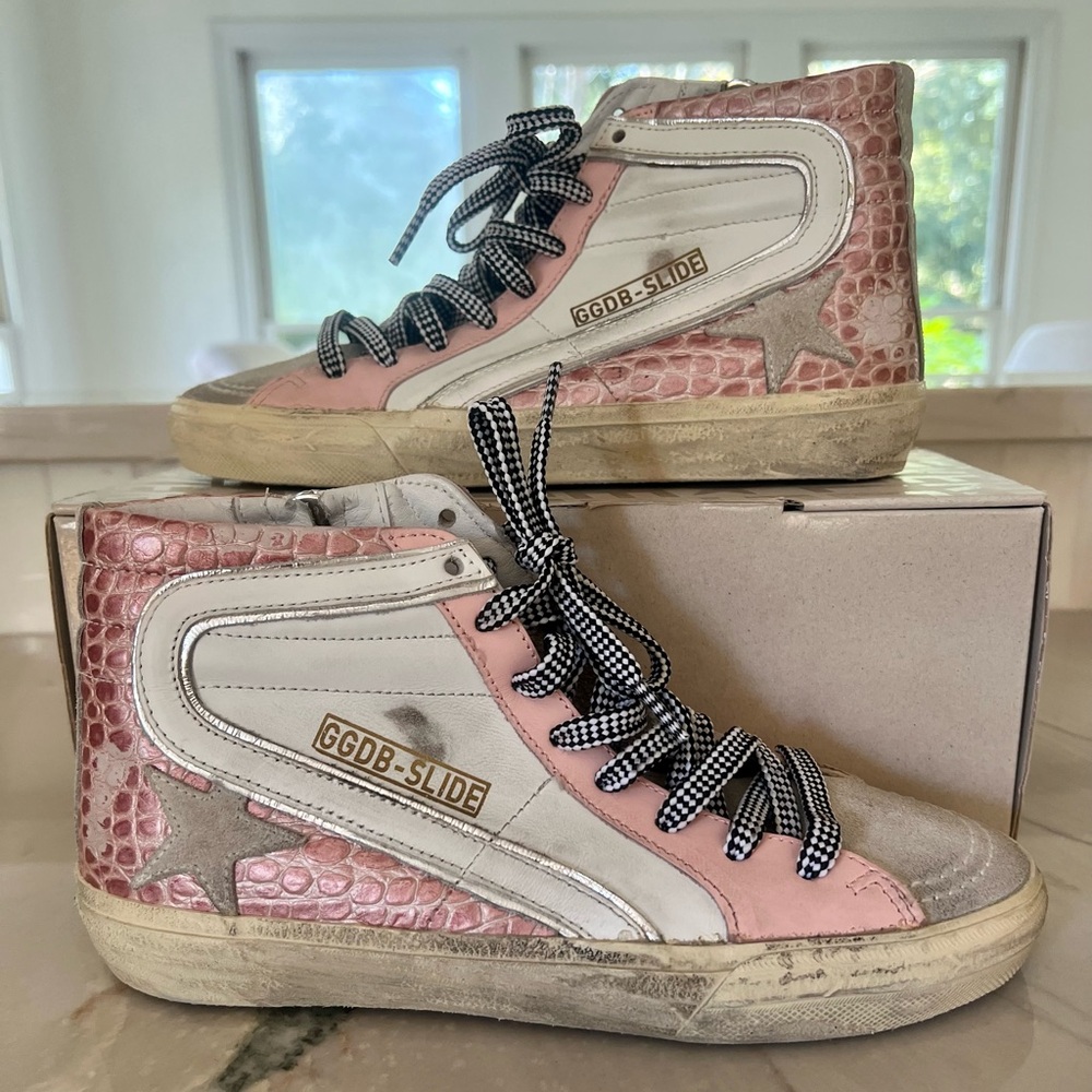 Golden Goose Pink and White Slides High-Top Sneakers